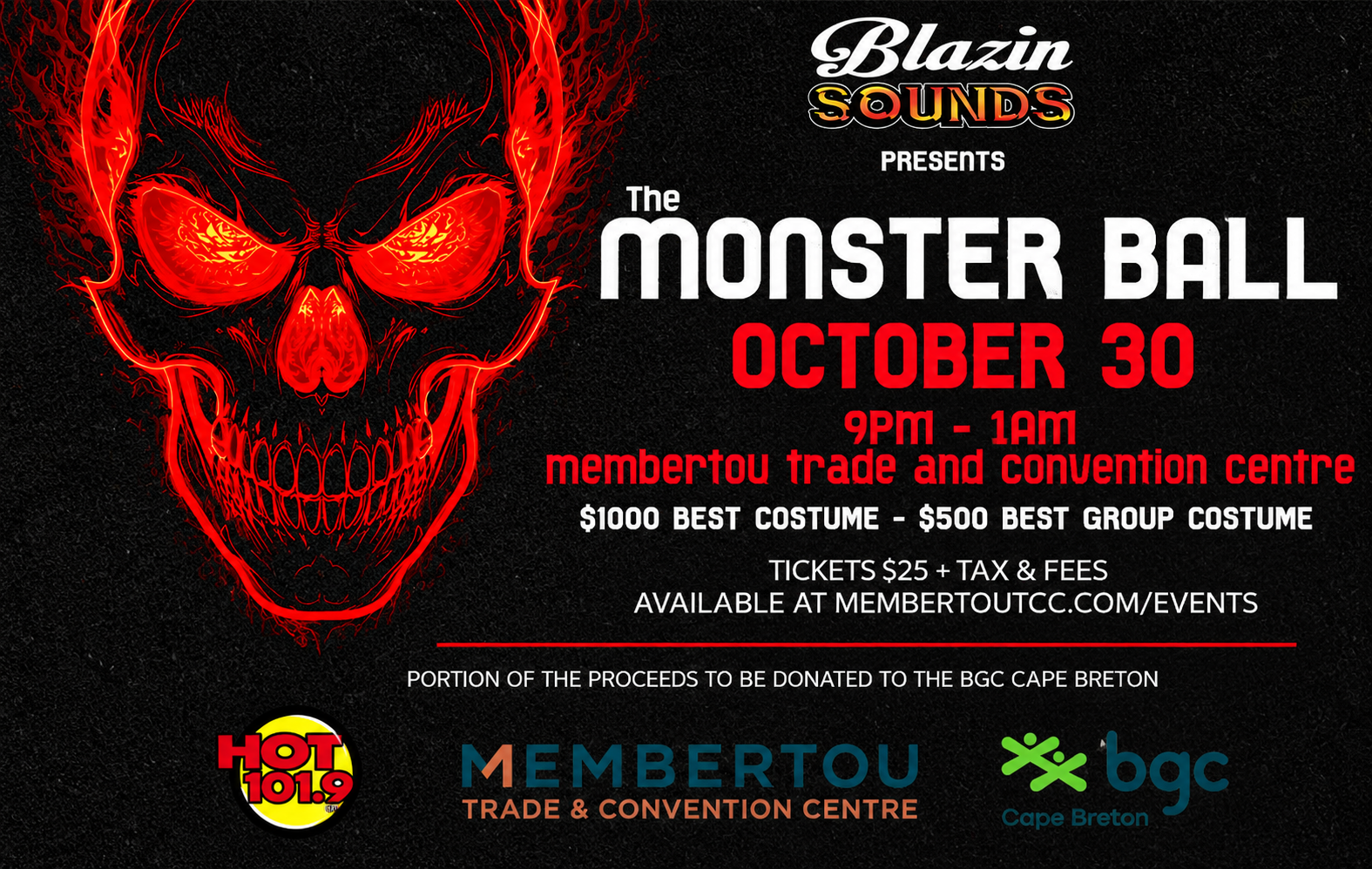 Monster Ball Halloween event featuring a glowing red skull, October 30 from 9 PM to 1 AM at the Membertou Trade & Convention Centre.